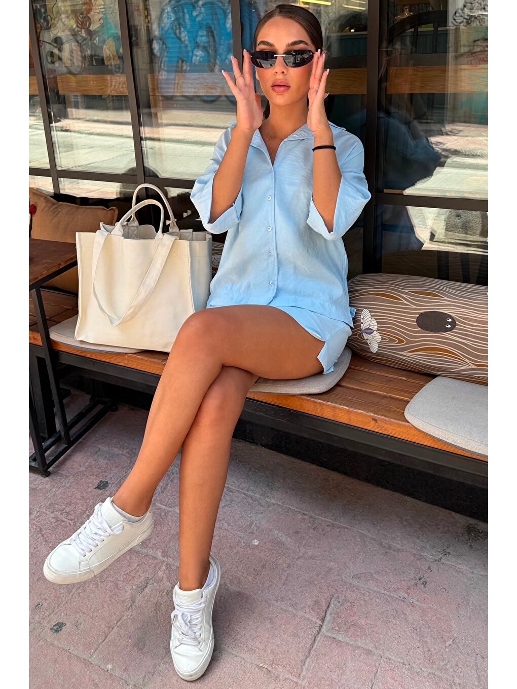 Bebe Mavisi  Kısa Kollu Modal Gömlek Şort Takım Mg2739-4