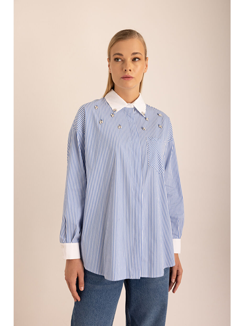 Mavi Çizgili Pamuk Taş İşlemeli Gömlek-4