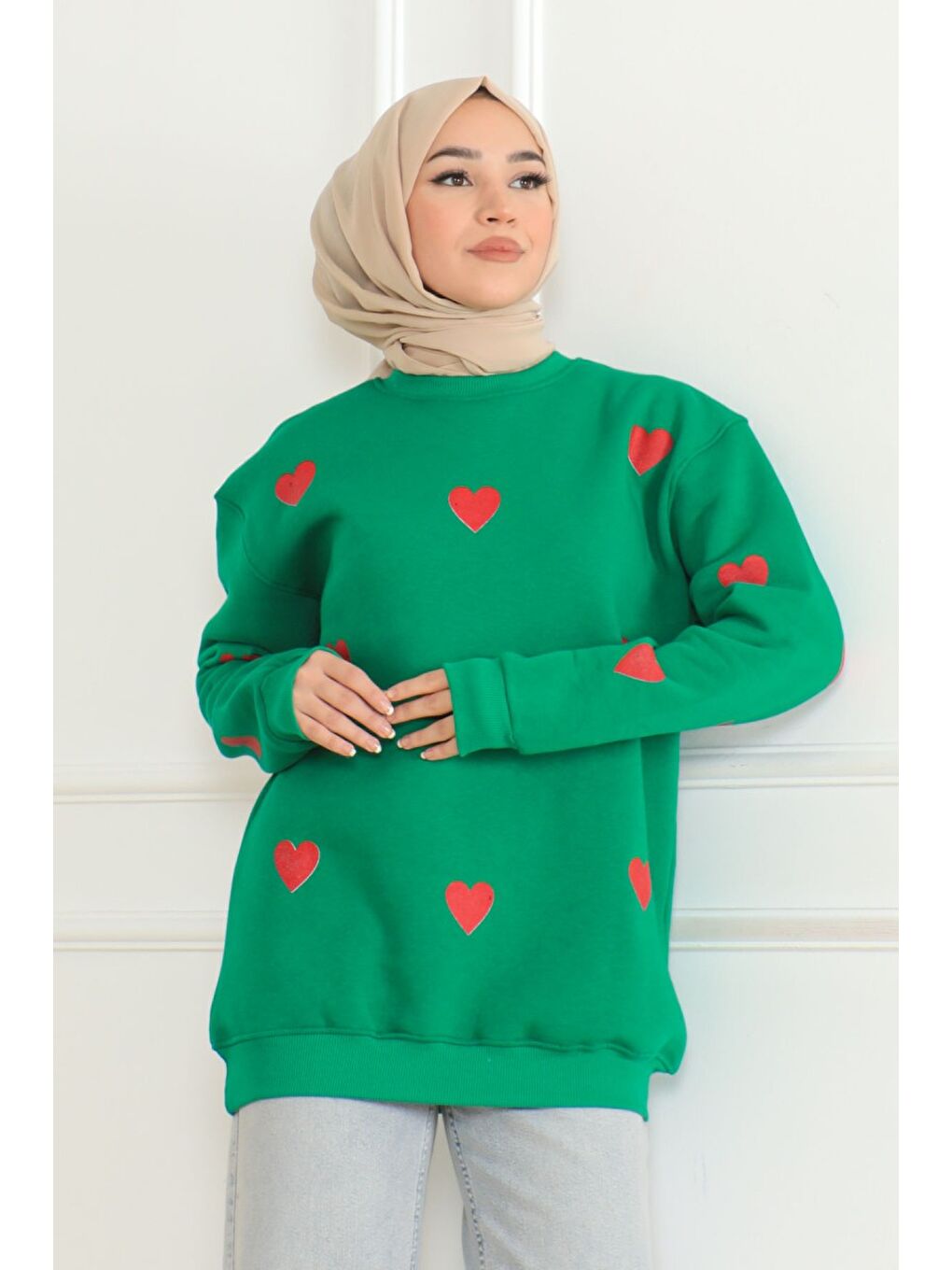 Yeşil Kadın Üç İplik Bisiklet Yaka Kalpli Sweatshirt Yesil - 26659