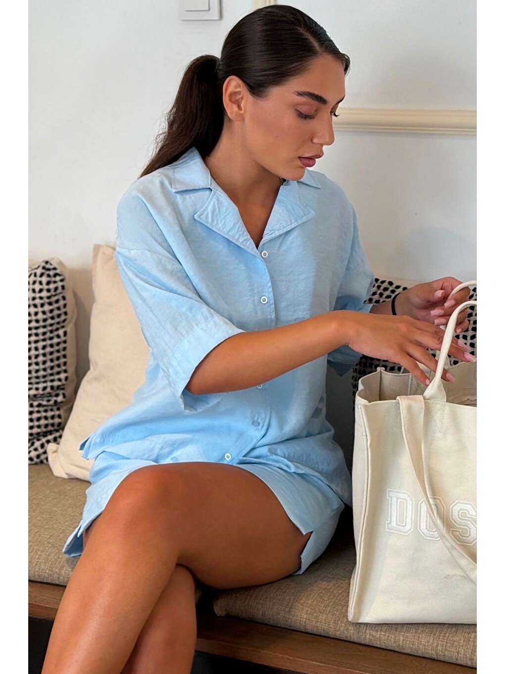 Bebe Mavisi  Kısa Kollu Modal Gömlek Şort Takım Mg2739-7