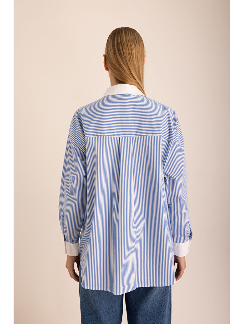 Mavi Çizgili Pamuk Taş İşlemeli Gömlek-5