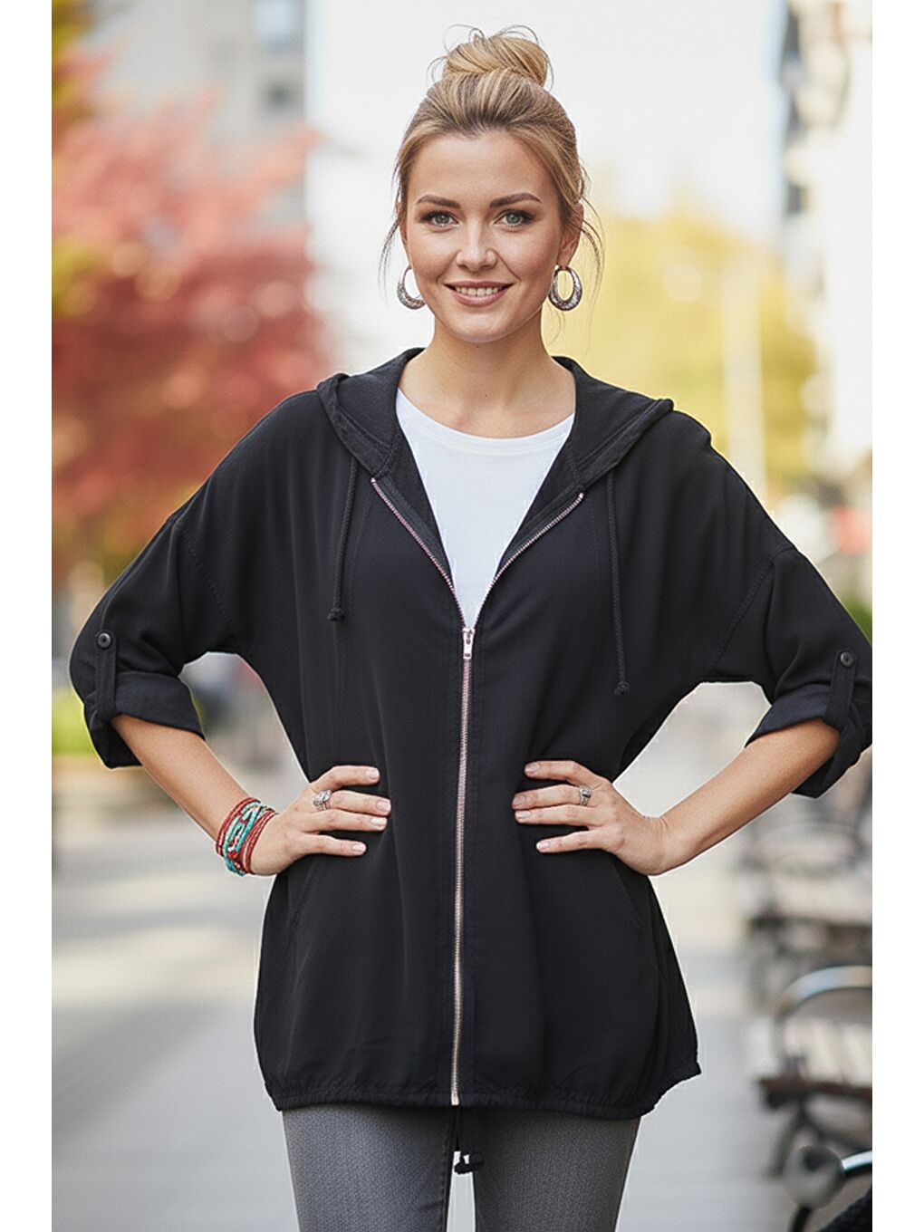 İtalyan Siyah Kapüşonlu 3/4 Kol Fermuarlı Cepli Casual Pamuklu Dokuma Ceket 70 70-4