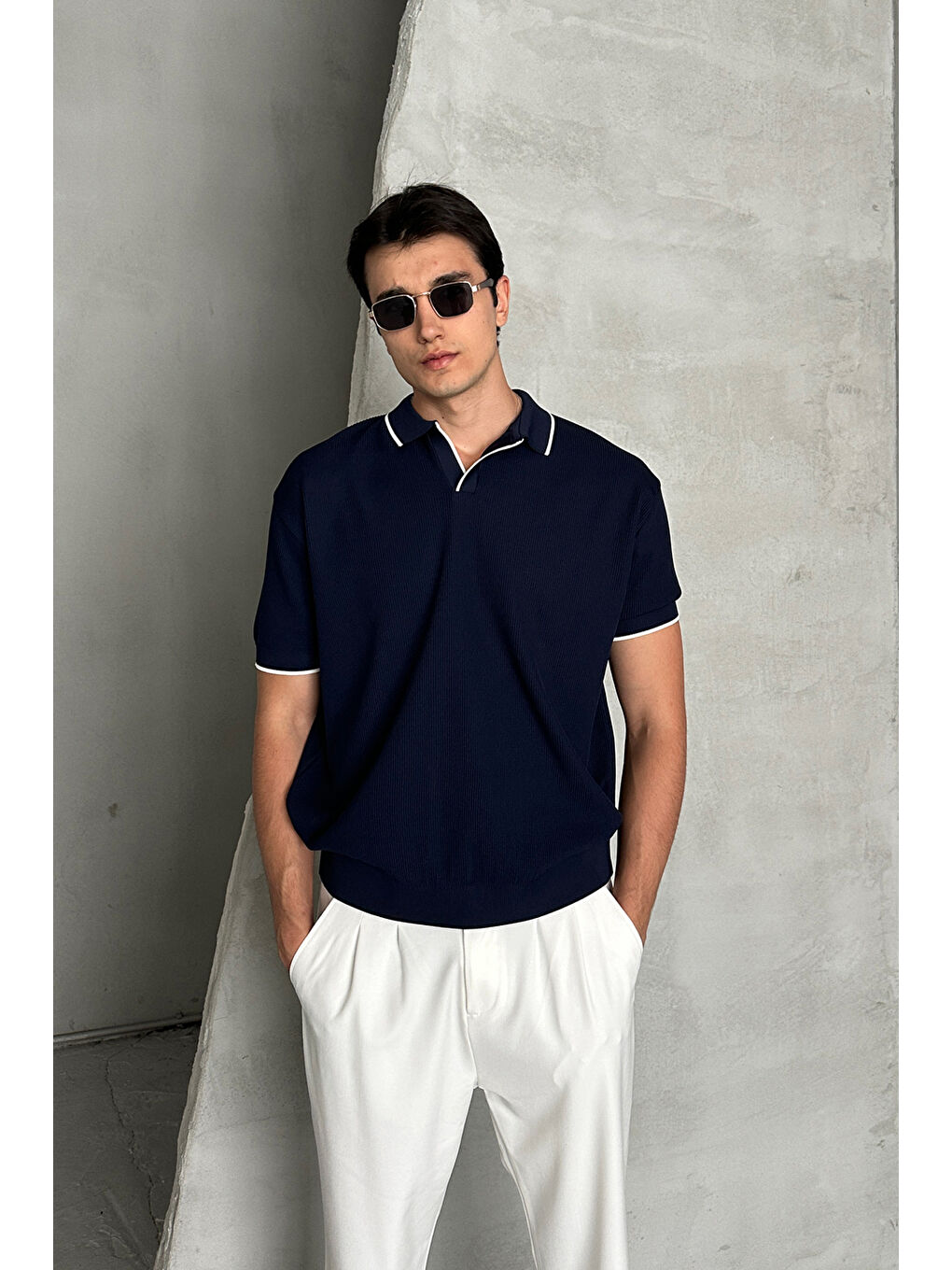 Lacivert Erkek Oversize Selanik Polo Yaka Triko T-Shirt-2