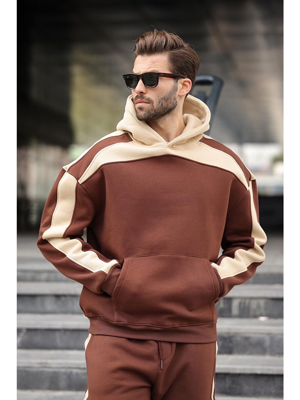 Acı Kahverengi Kapüşonlu Şerit Detaylı Erkek Eşofman Takımı E7326-1