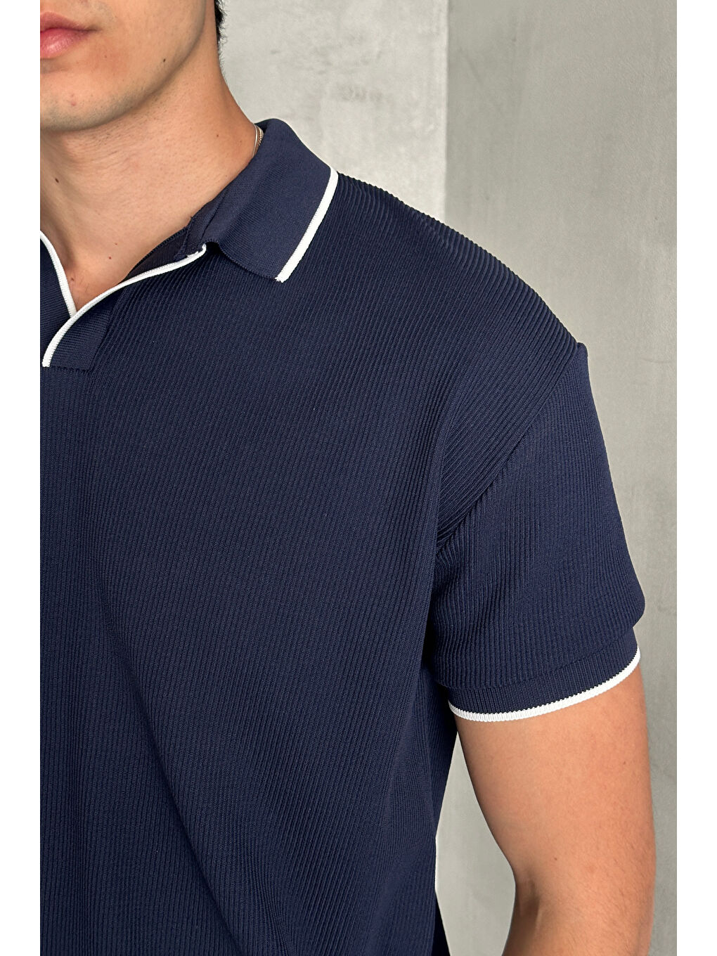 Lacivert Erkek Oversize Selanik Polo Yaka Triko T-Shirt-3