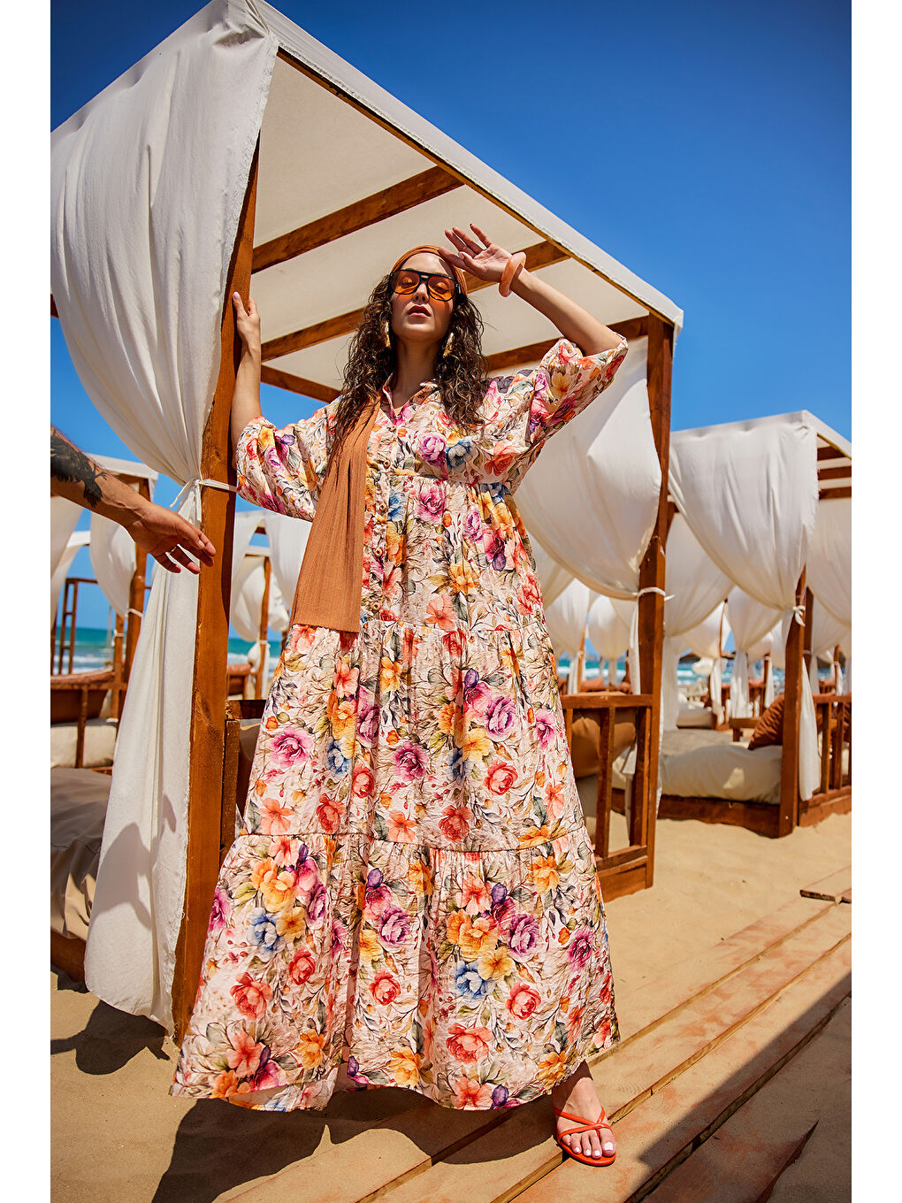 Ekru Kadın Karışık Çiçek Desen Elbise Krem-1