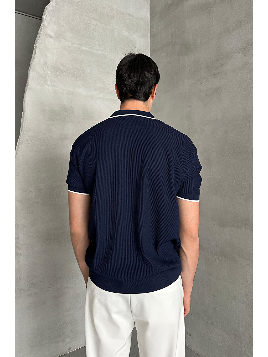 Lacivert Erkek Oversize Selanik Polo Yaka Triko T-Shirt-4