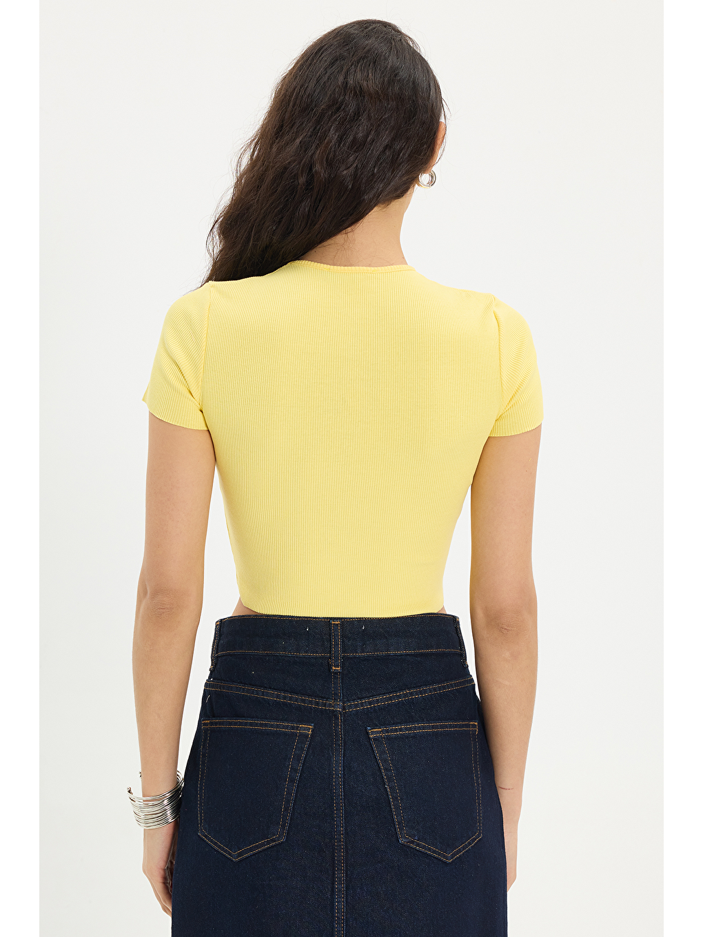 Kadın Slim Fit Dar Kesim %100 Pamuk Kısa Kollu Düz Bisiklet Yaka Sarı Crop-5