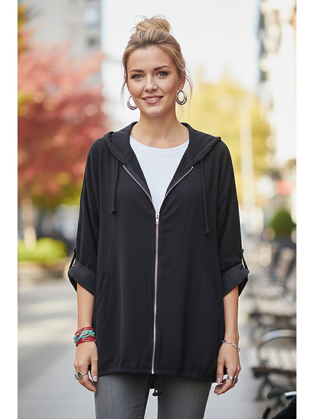 İtalyan Siyah Kapüşonlu 3/4 Kol Fermuarlı Cepli Casual Pamuklu Dokuma Ceket 70 70-5