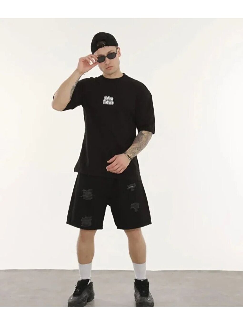 Unisex Bisiklet Yaka Baskılı Oversize T-Shirt - Siyah