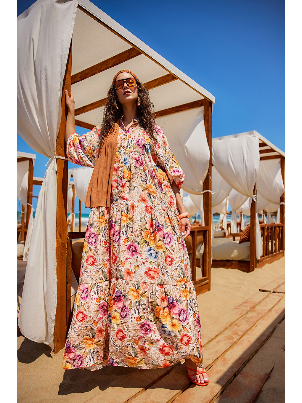 Ekru Kadın Karışık Çiçek Desen Elbise Krem-2