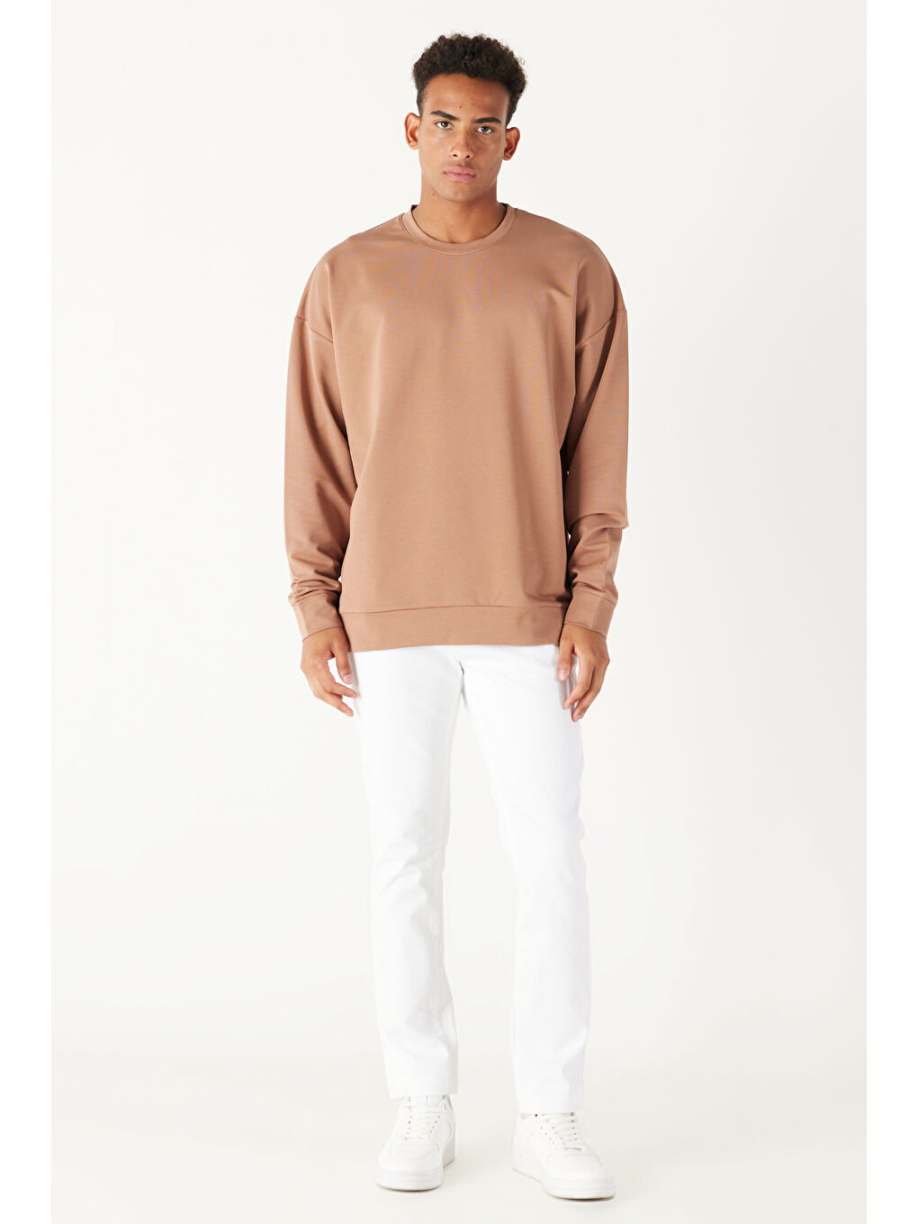 Bej Erkek Vizon Oversize Fit Geniş Kesim Bisiklet Yaka Pamuklu Sweatshirt-1