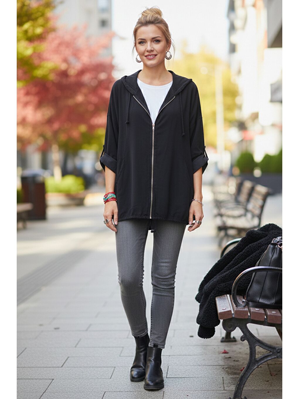 İtalyan Siyah Kapüşonlu 3/4 Kol Fermuarlı Cepli Casual Pamuklu Dokuma Ceket 70 70-6