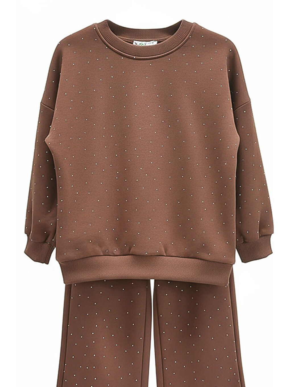 Kahverengi Kız Çocuk Taş Süslemeli Alt-Üst Takım-3 İplik 4-12 Yaş 12345-1