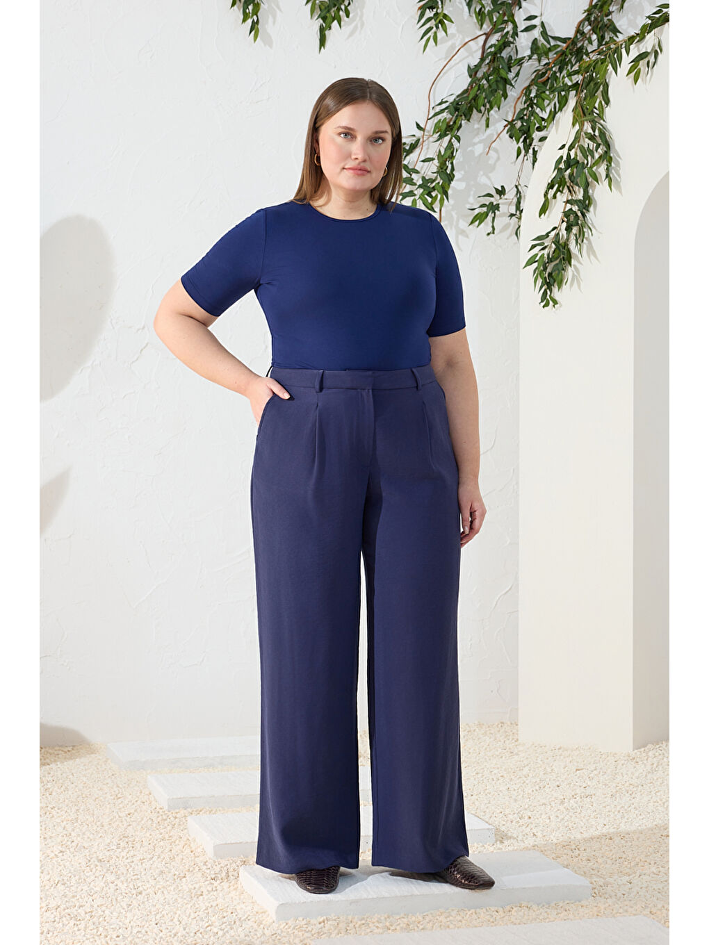 Lacivert Pileli Pantolon-1