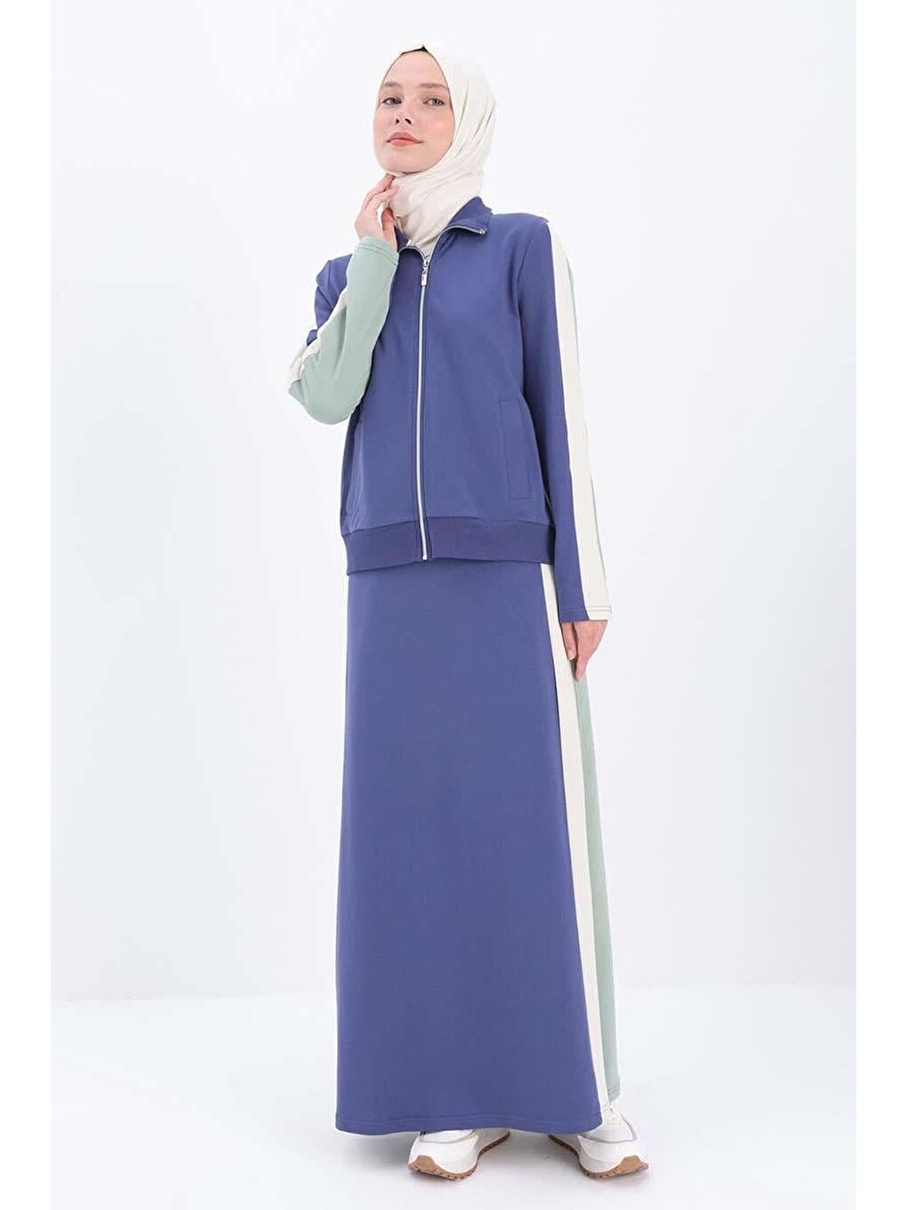 İndigo-Defne-Pamuklu Garnili Etekli Takım-1