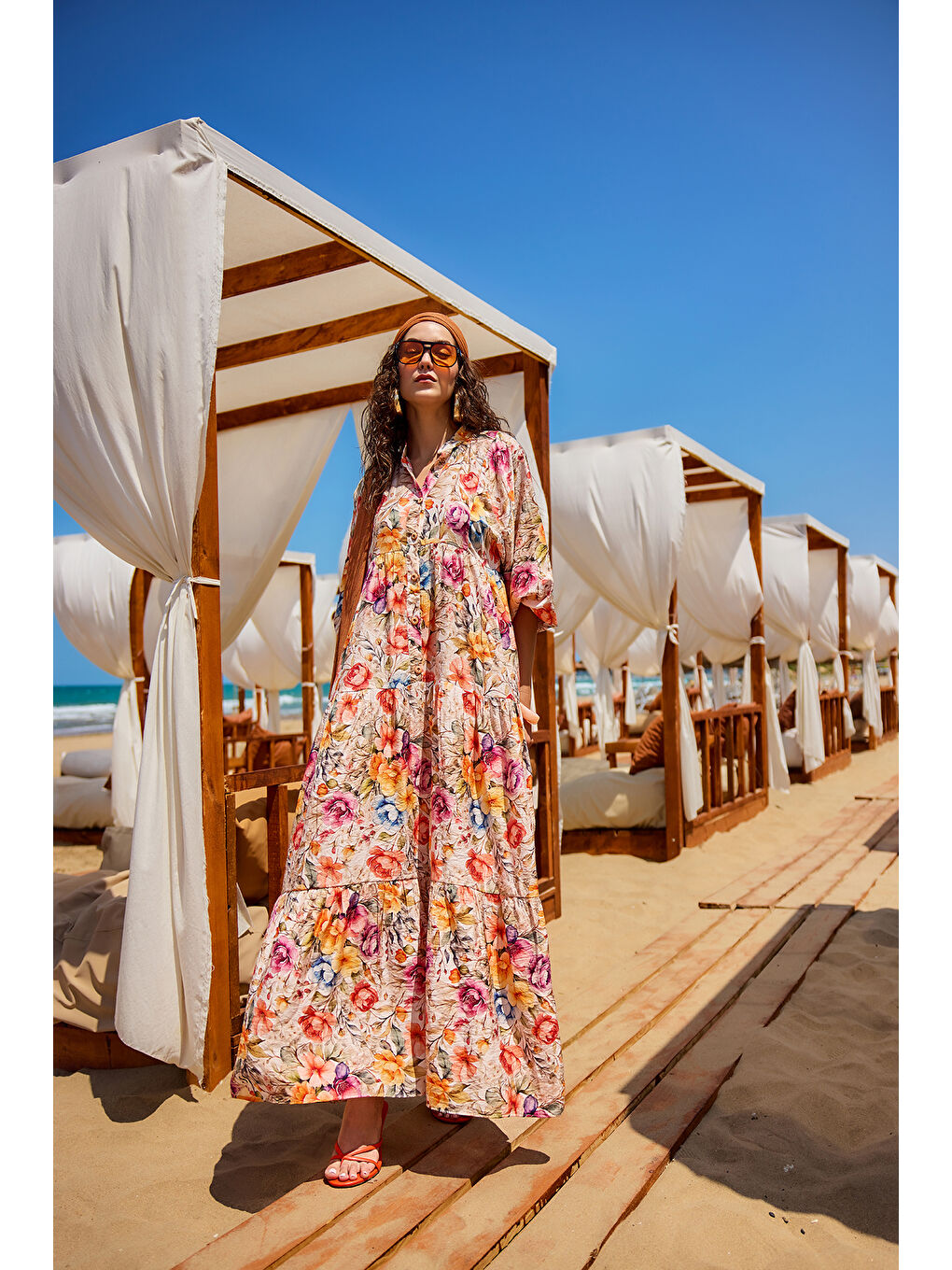 Ekru Kadın Karışık Çiçek Desen Elbise Krem-3