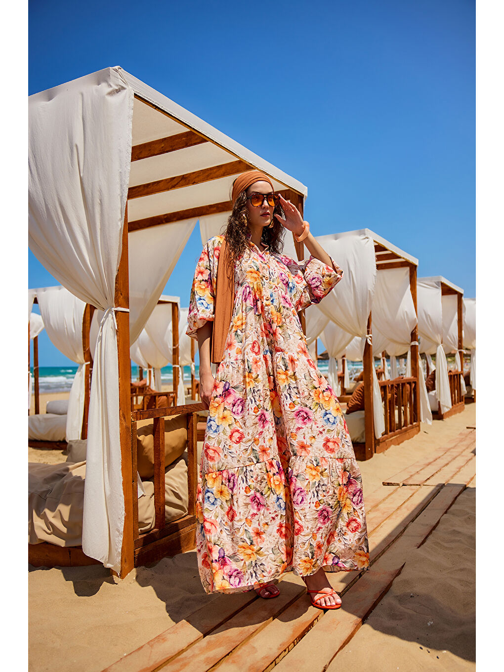 Ekru Kadın Karışık Çiçek Desen Elbise Krem-4