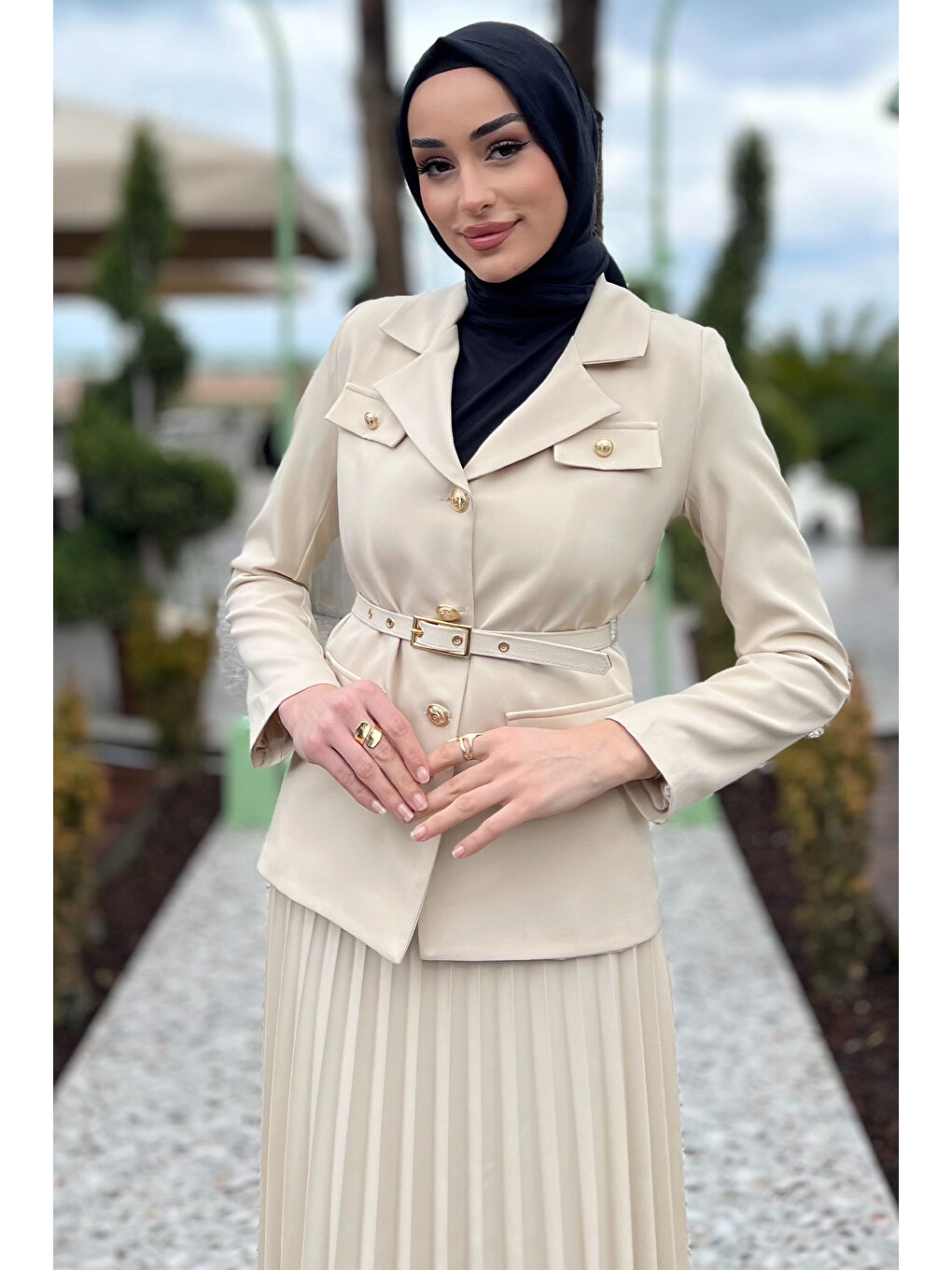 Bej Kadın Kemer Aksesuarlı Blazer Ceket Etek Tesettür İkili Takım-2