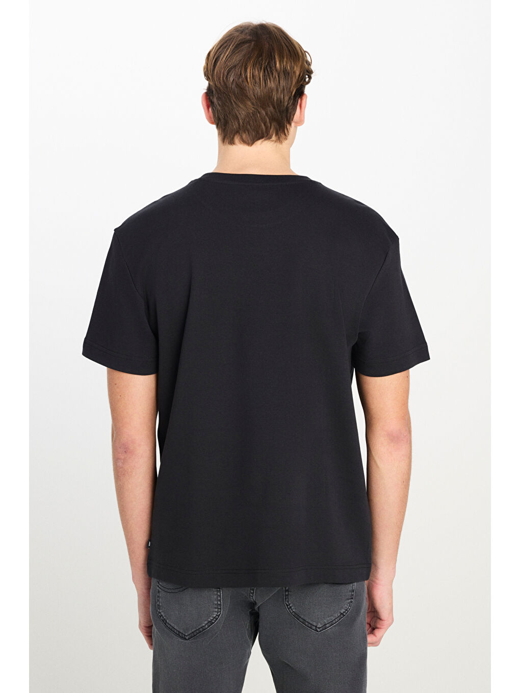 %100 Pamuk Relaxed Fit Geniş Kesim Bisiklet Yaka Siyah Basic T-shirt-4