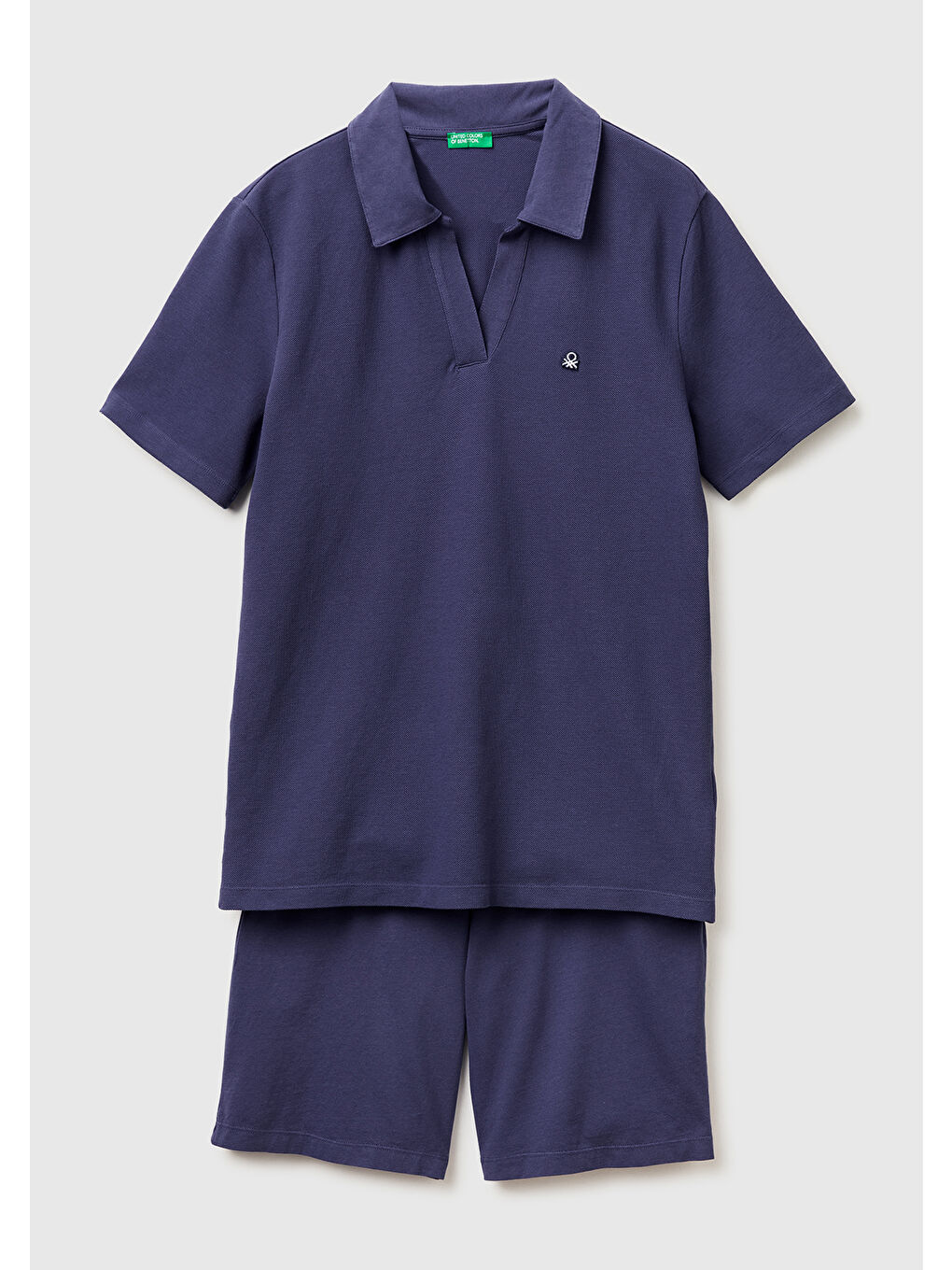 Erkek Koyu Mavi  %100 Pamuk Logo Detaylı Polo Yaka Kısa Kollu Pijama Takımı