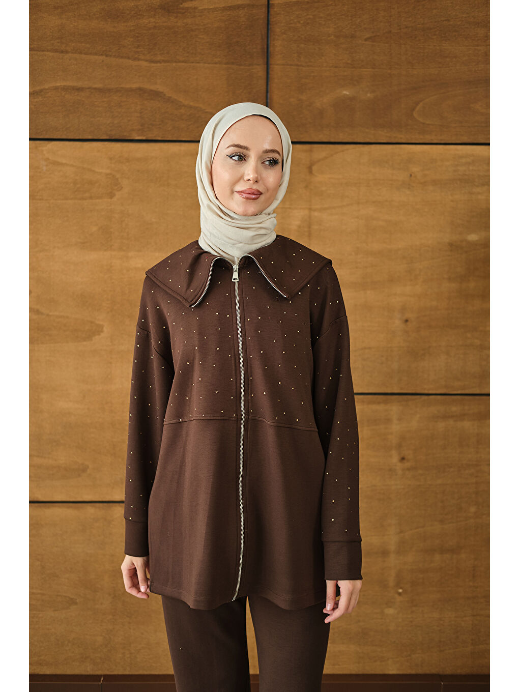 Kadın Gemici Yaka Taşlı Takım Kahverengi-2