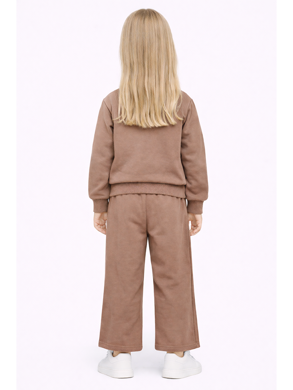 Kahverengi Bisiklet Yaka Papatya Nakışlı Açık Kahve Rengi Kız Çocuk Eşofman Takım-2