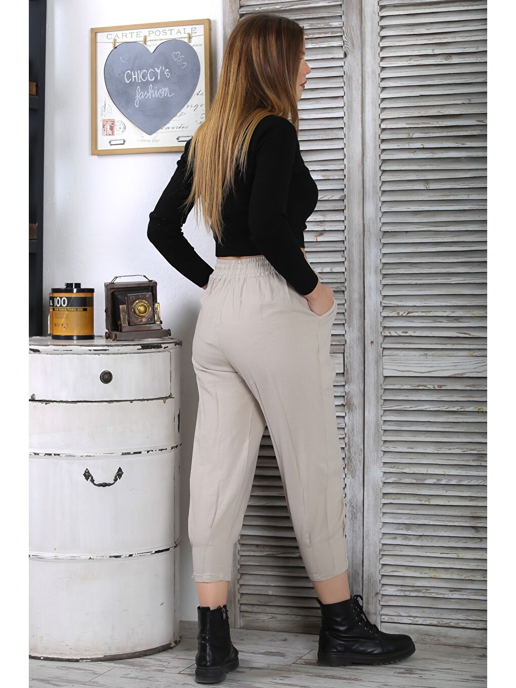 Bej 3/4 Kol Düğmeli Çift Cepli Lastikli Ve Bağlamalı Bel Kısa Paça Casual Pamuk Dokuma Pantolon-8