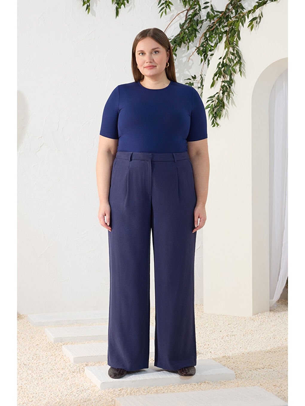 Lacivert Pileli Pantolon-2