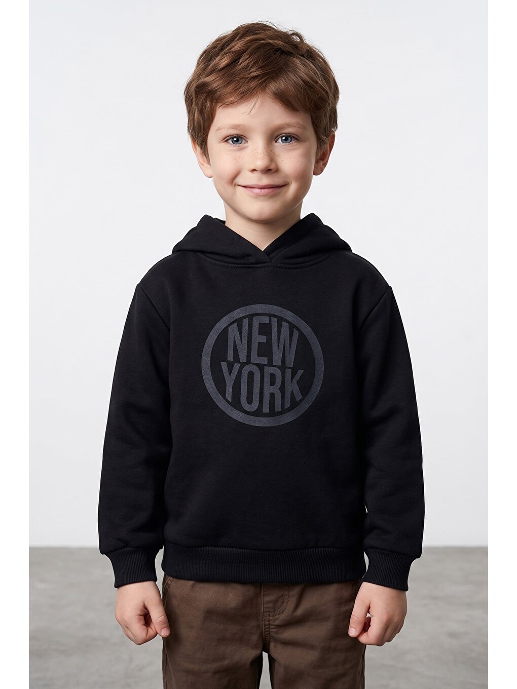 Siyah 3 İplik New York Baskılı Kapüşonlu Unisex Çocuk Sweatshirt-1