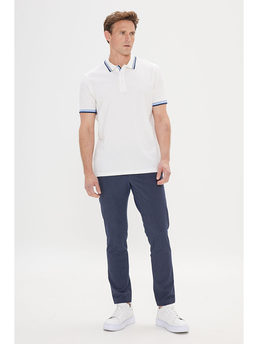 Erkek Beyaz Slim Fit Dar Kesim %100 Pamuk Polo Yaka Tişört-1