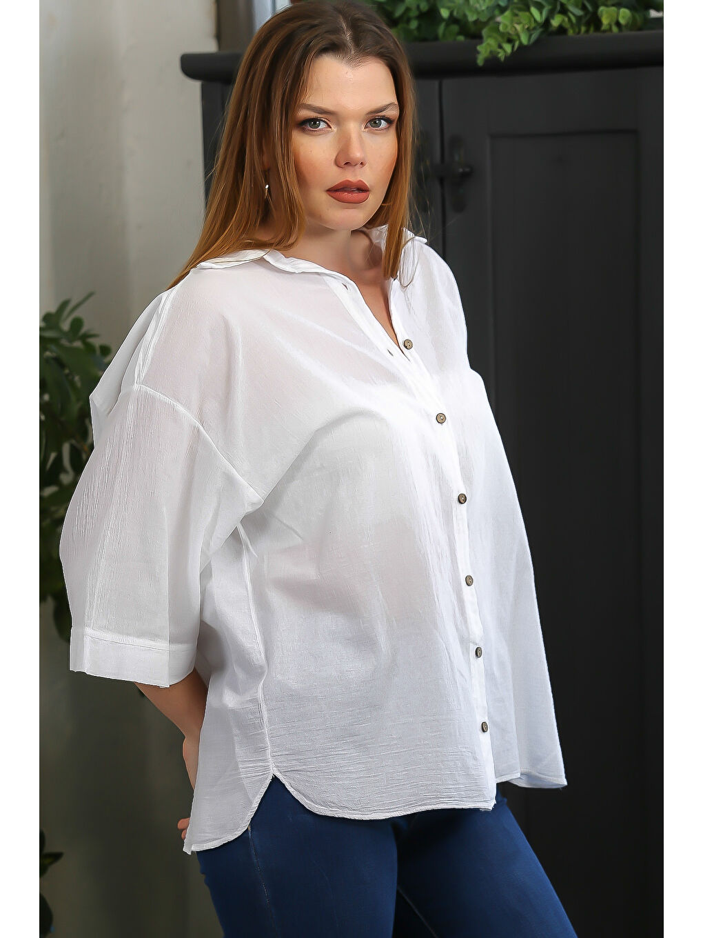 Beyaz 3/4 Kol Sedef Düğmeli Yırtmaçlı Casual Pamuk Dokuma Gömlek-4
