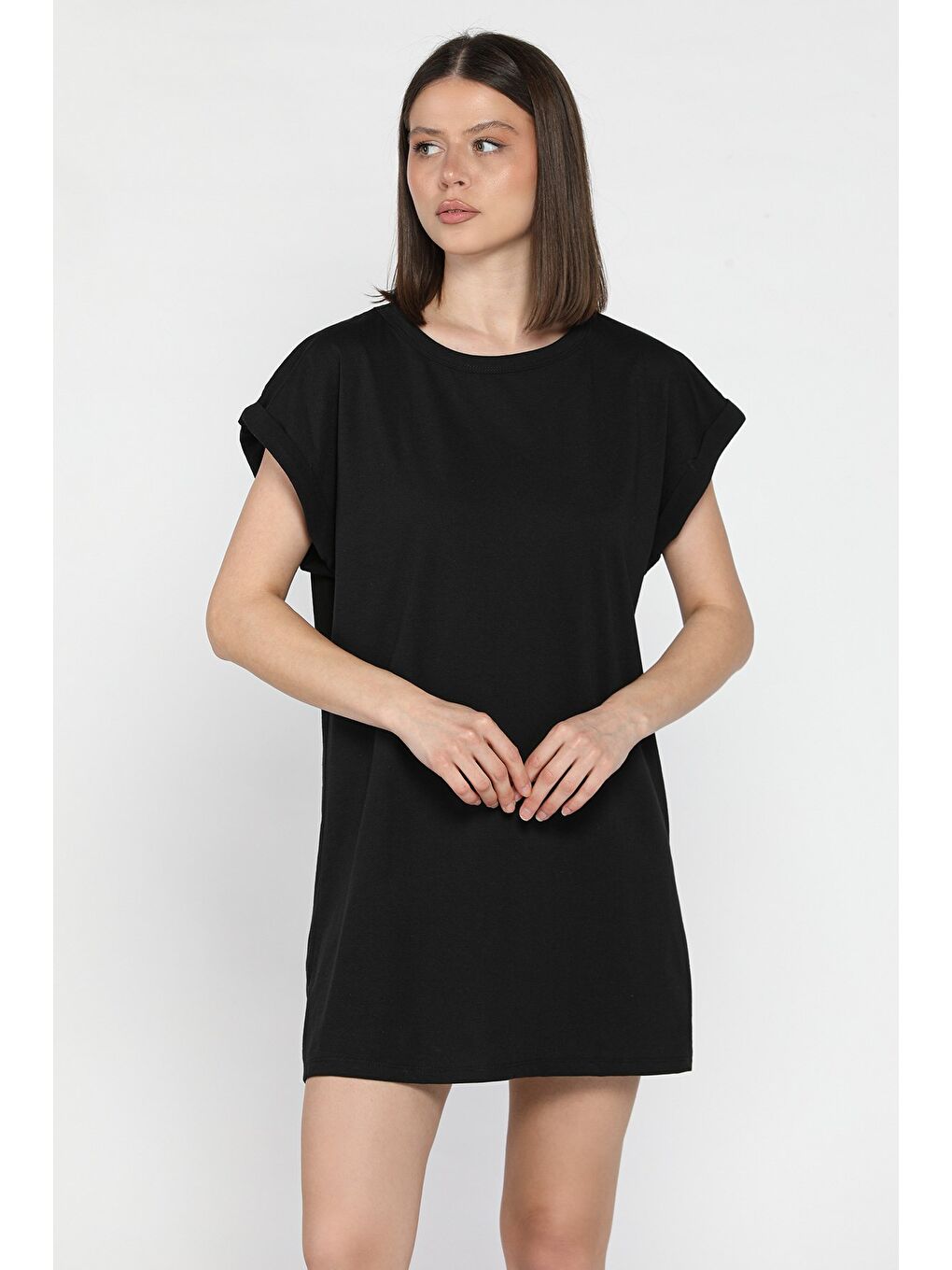 Siyah Kol Katlamalı Bisiklet Yaka Kadın Uzun Tişört (m-l-xl Uyumludur)