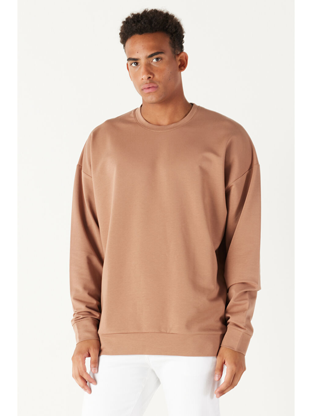 Bej Erkek Vizon Oversize Fit Geniş Kesim Bisiklet Yaka Pamuklu Sweatshirt-2