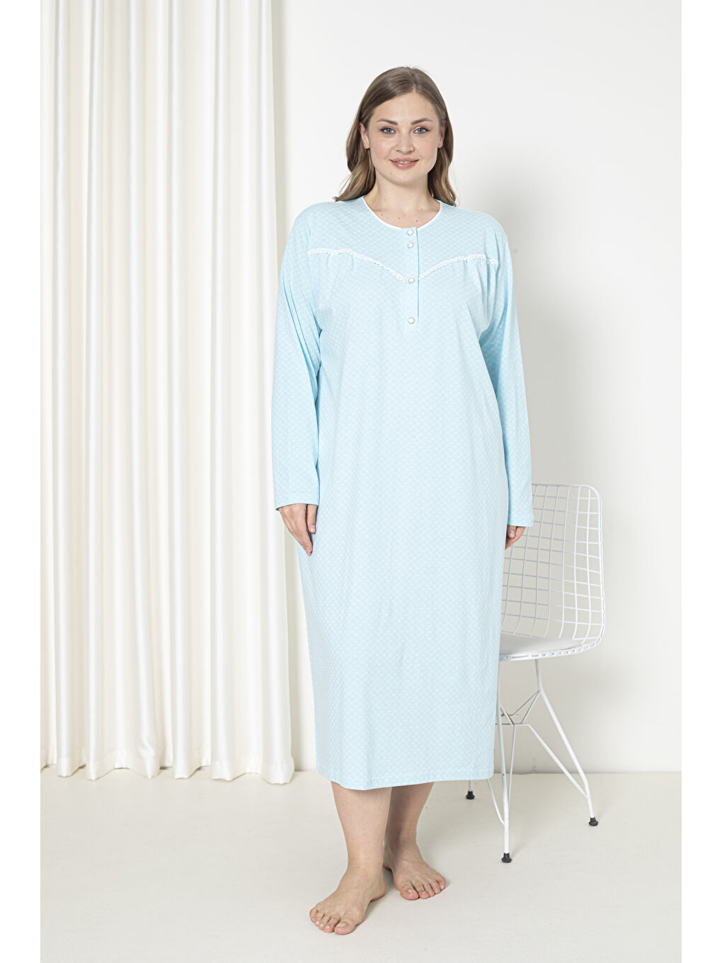 Yeşil %100 Pamuklu Penye Uzun Kol Büyük Beden Anne Geceliği 052