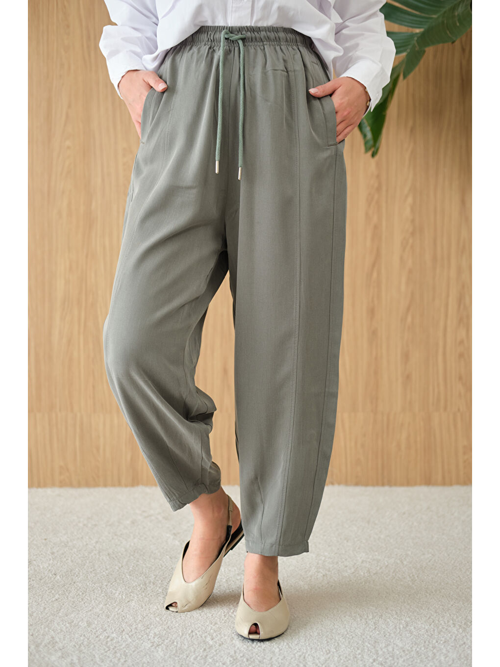 Kadın Şalvar Kesim Beli Ayarlanabilir Pantolon Haki Yeşil-3