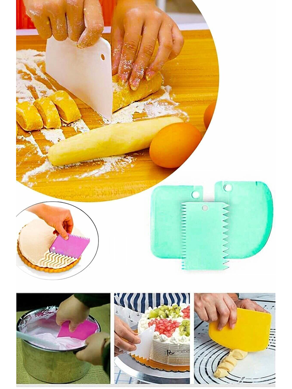 Karışık 2 Li Set 45x65 Cm Silikon Hamur Açma Matı Ve 3'lü Hamur Kesici Kazıyıcı Dekoratör Set-3