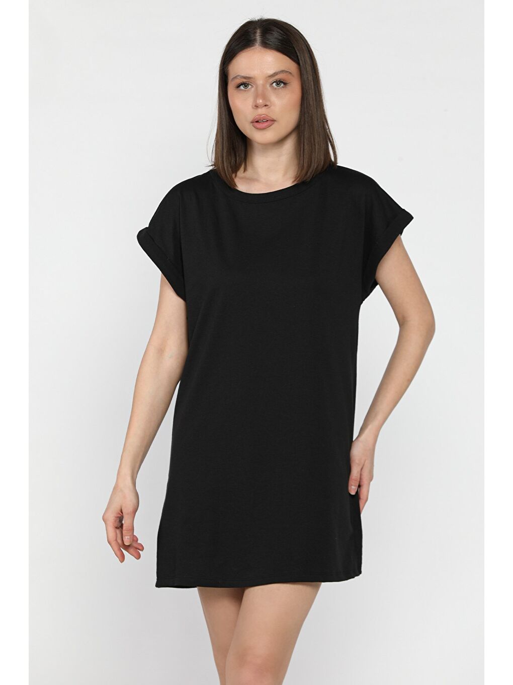 Siyah Kol Katlamalı Bisiklet Yaka Kadın Uzun Tişört (m-l-xl Uyumludur)-1