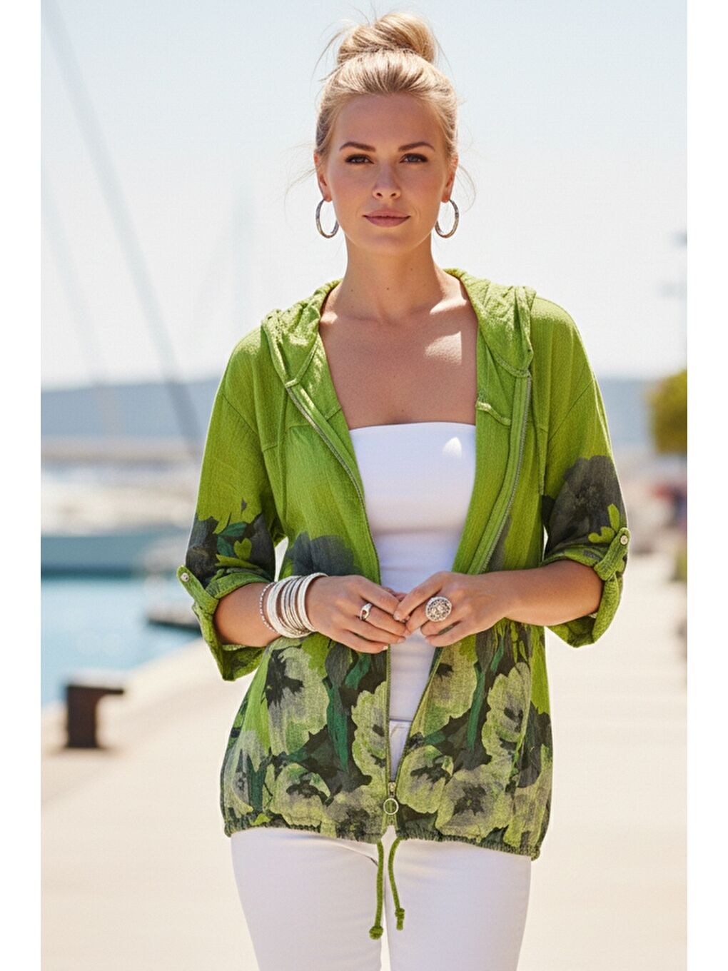 İtalyan Fıstık Yeşili Düğmeli Uzun Kollu Cepli Kapüşonlu Fermuarlı Regular Boy Dokuma Ceket 68 65-1