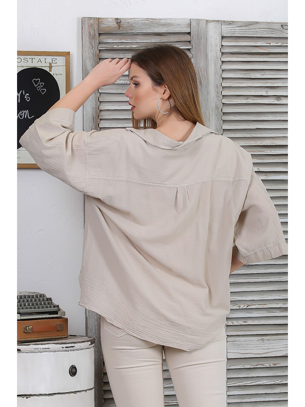 Bej 3/4 Kol Sedef Düğmeli Yırtmaçlı Casual Pamuk Dokuma Gömlek-7