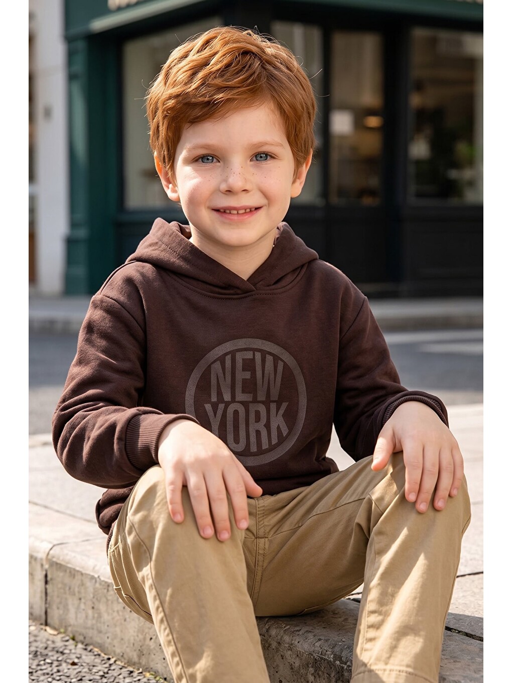 Kahverengi 3 İplik New York Baskılı Kapüşonlu Unisex Çocuk Sweatshirt