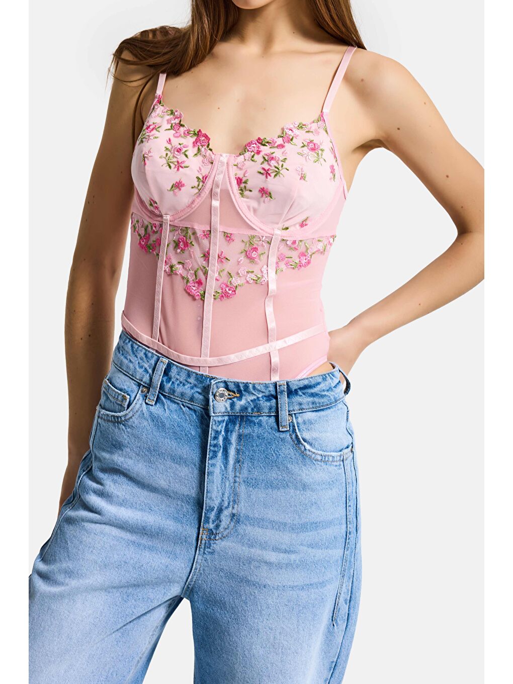 Kadın Pembe w5 Çıtçıklı Toparlayıcı Özel Çiçek ve Dantel Desenli Tasarım Askılı Body