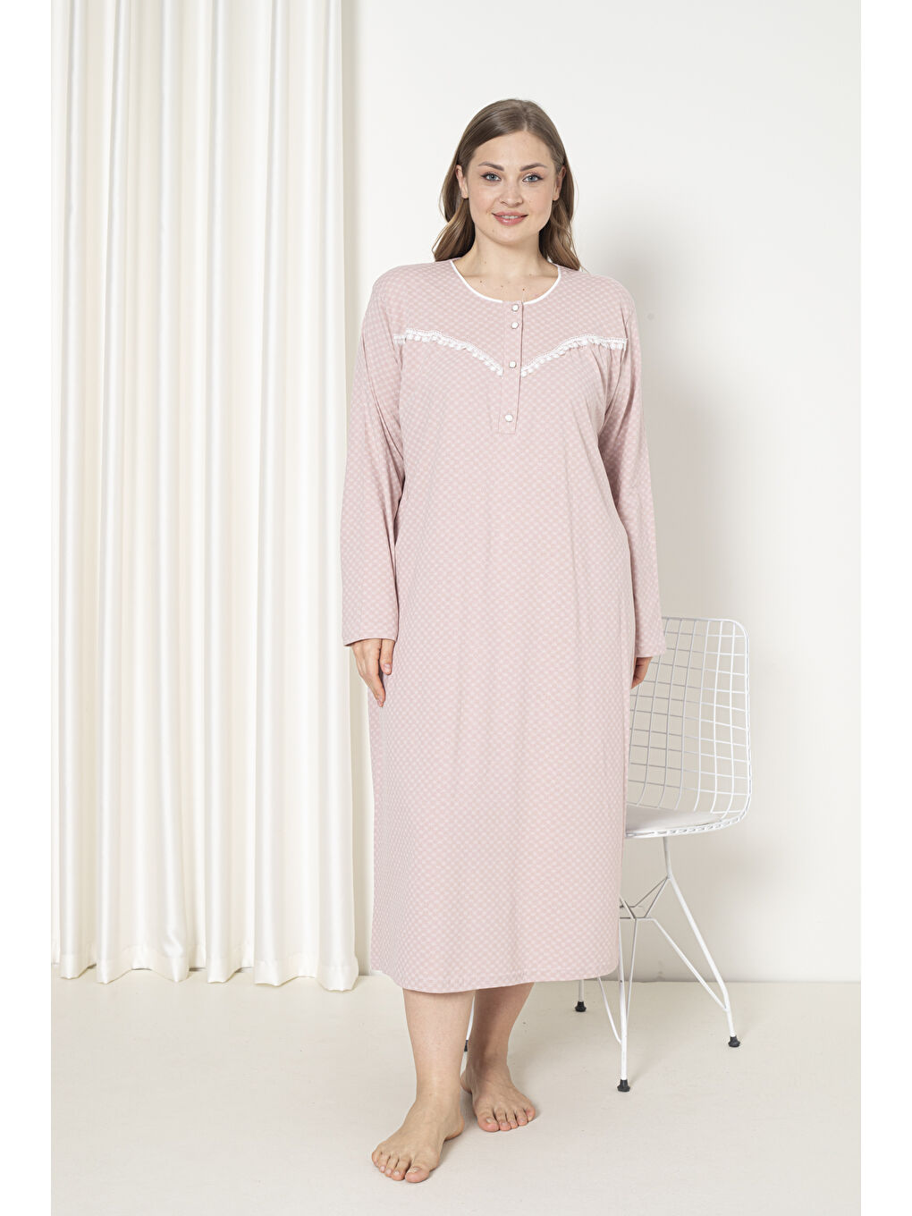 Pembe %100 Pamuklu Penye Uzun Kol Büyük Beden Anne Geceliği 052