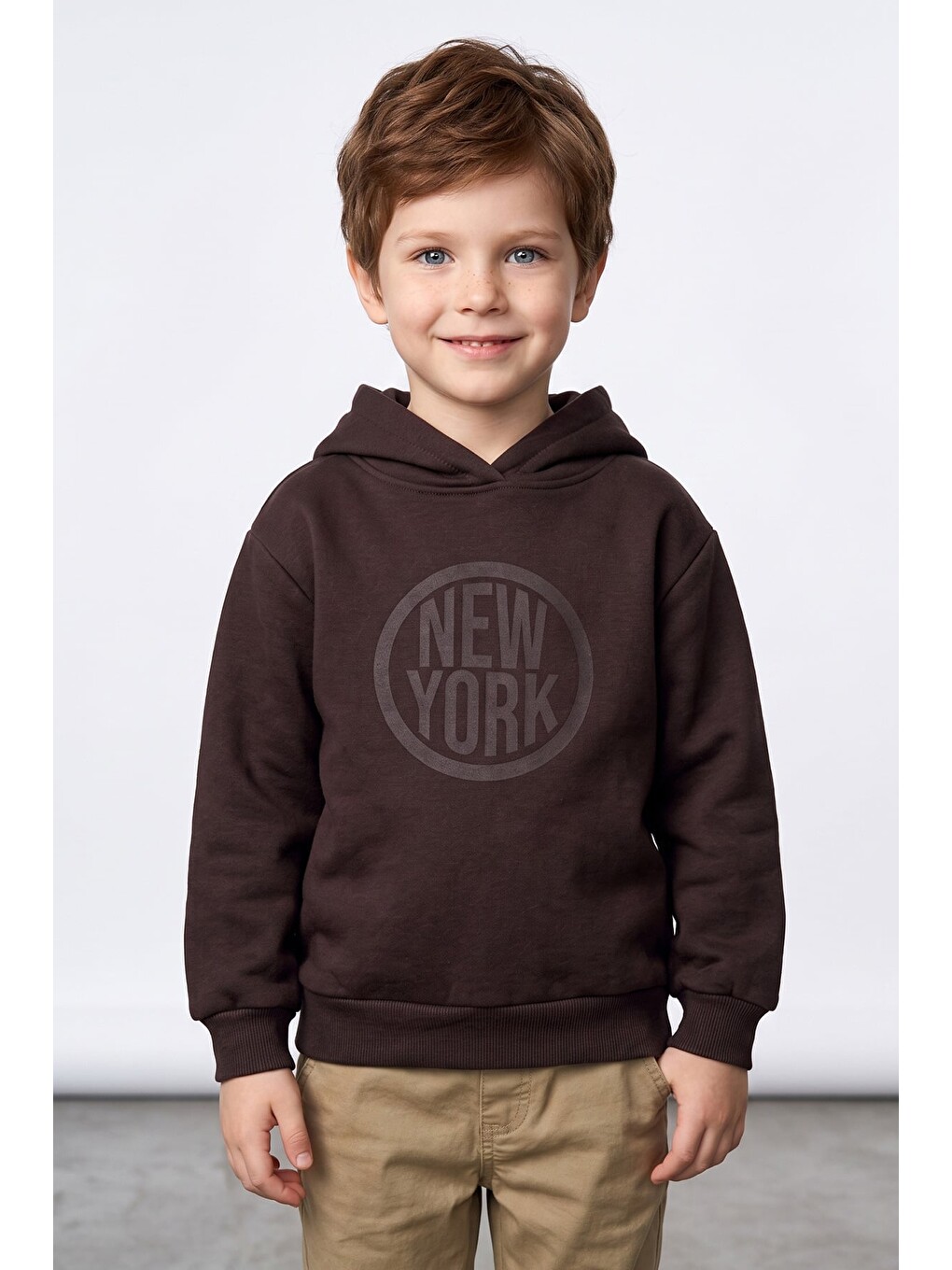 Kahverengi 3 İplik New York Baskılı Kapüşonlu Unisex Çocuk Sweatshirt-1