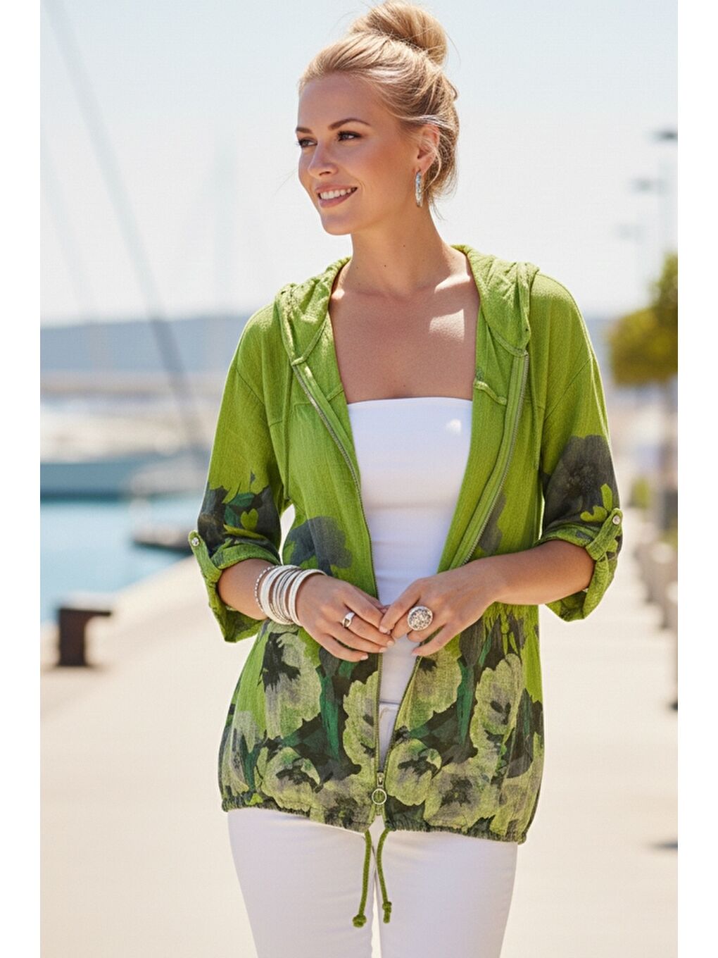 İtalyan Fıstık Yeşili Düğmeli Uzun Kollu Cepli Kapüşonlu Fermuarlı Regular Boy Dokuma Ceket 68 65-2