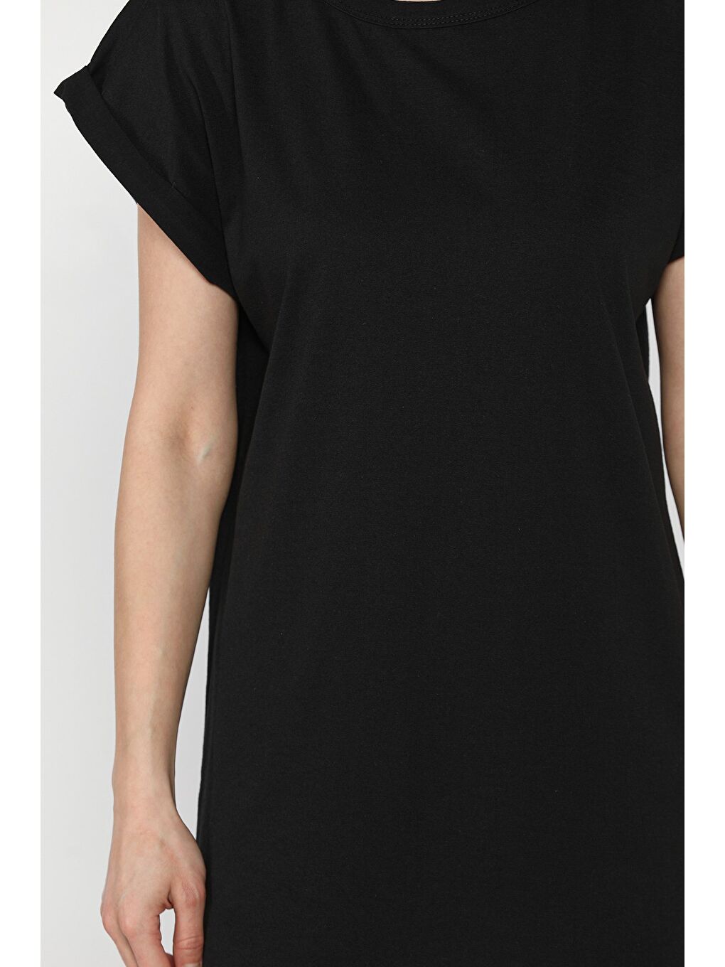 Siyah Kol Katlamalı Bisiklet Yaka Kadın Uzun Tişört (m-l-xl Uyumludur)-3