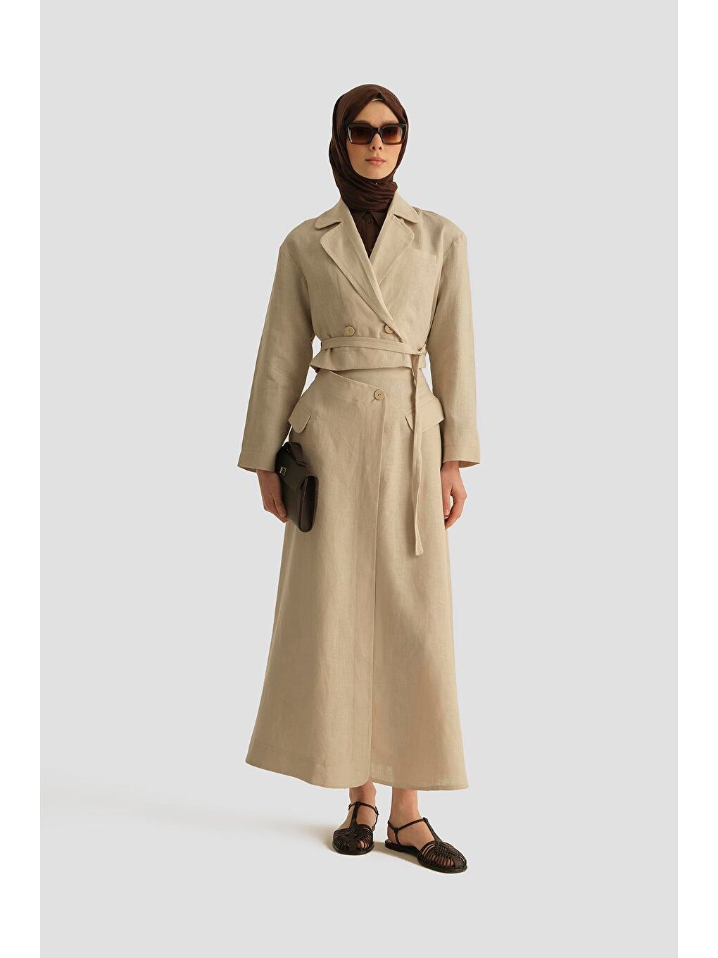 Bej Kruvaze Detaylı Keten Takım 25Y6011 Naturel-1