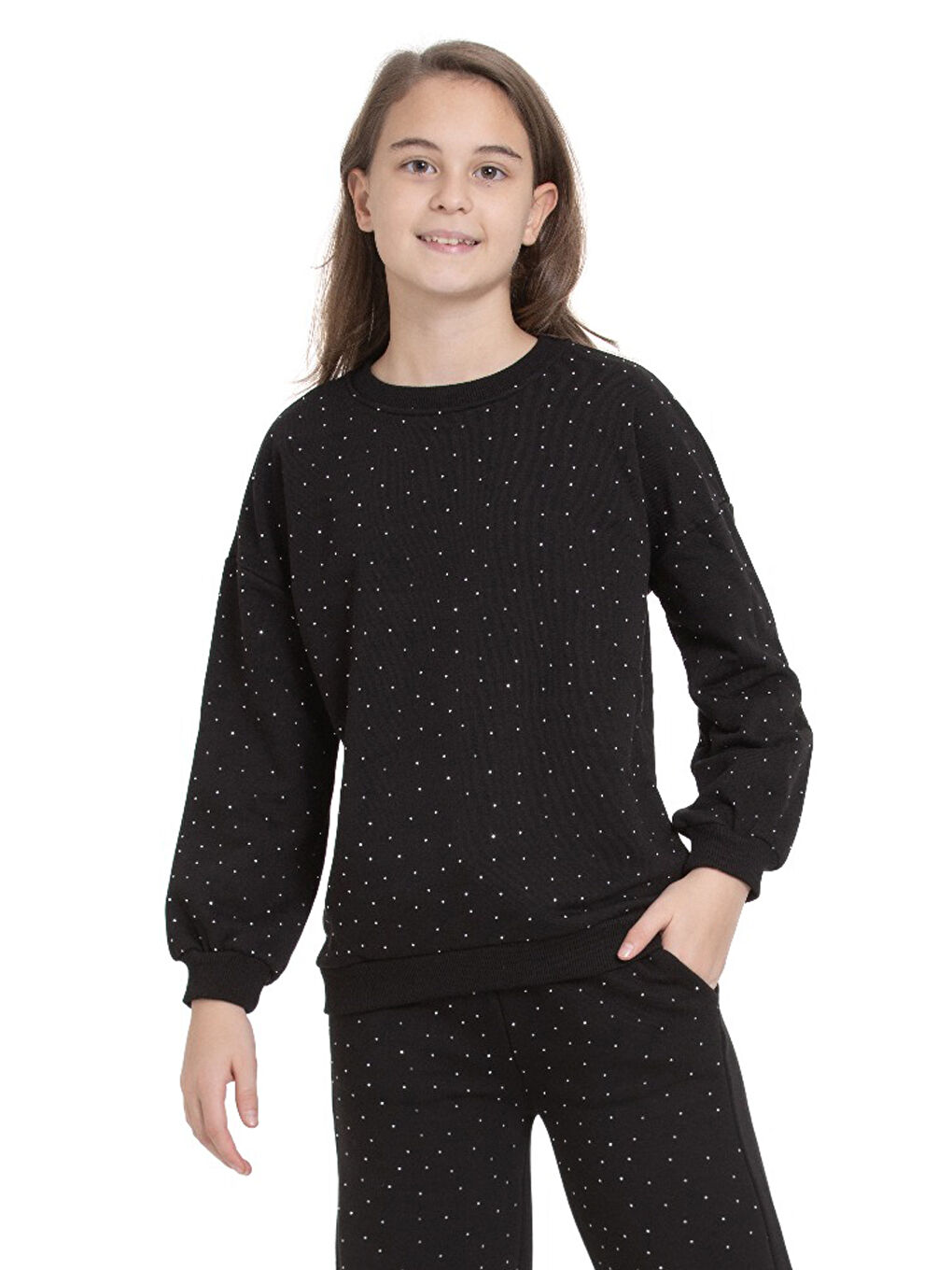 Siyah Kız Çocuk Taş Süslemeli Alt-Üst Takım-3 İplik 4-12 Yaş 12345-1