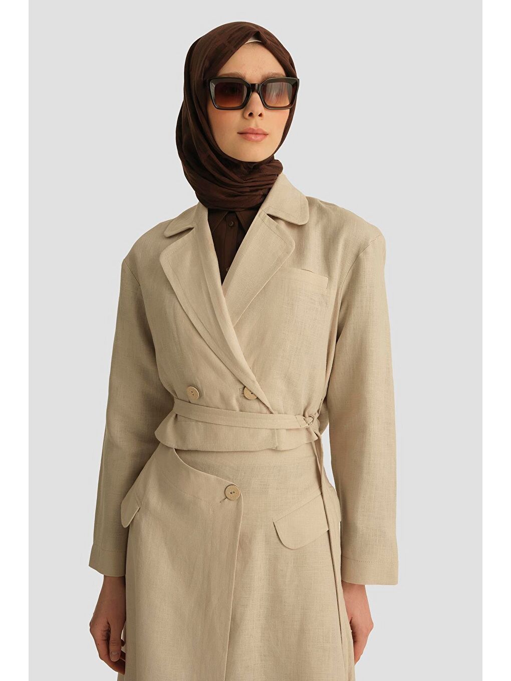 Bej Kruvaze Detaylı Keten Takım 25Y6011 Naturel-2