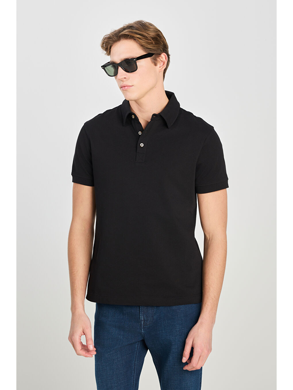 %100 Pamuk Regular Fit Normal Kesim Siyah Polo Yaka Tişört-1